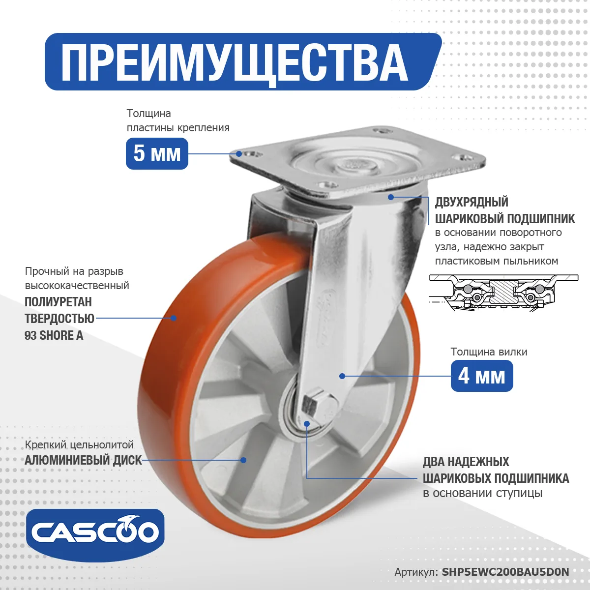 Колесо CASCOO поворотное, (d=200мм, г/п=700кг) полиуретан/алюминий, Германия