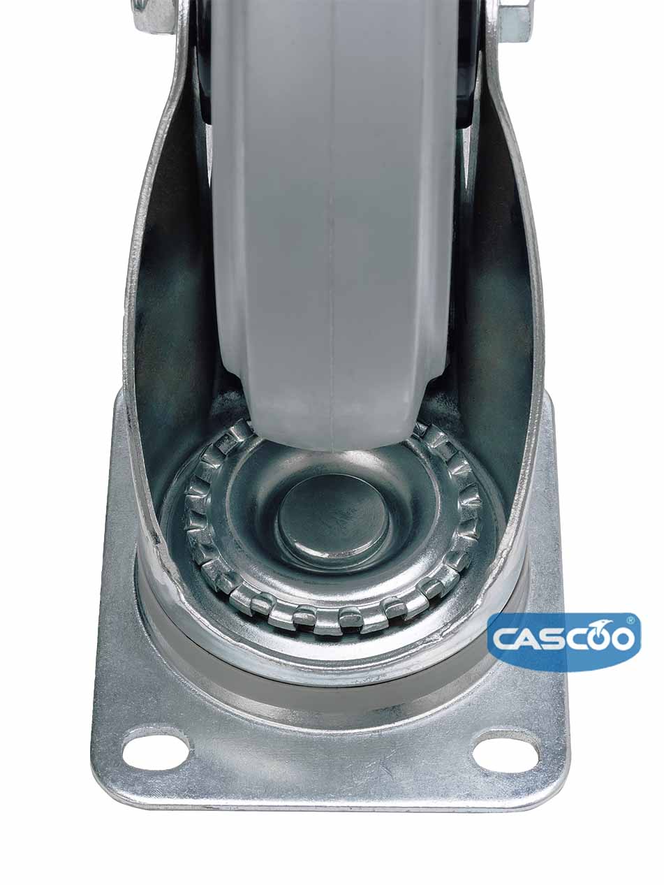 Колесо CASCOO поворотное с тормозом (d=200мм, г/п=350кг), серая резина / полиамид, Германия