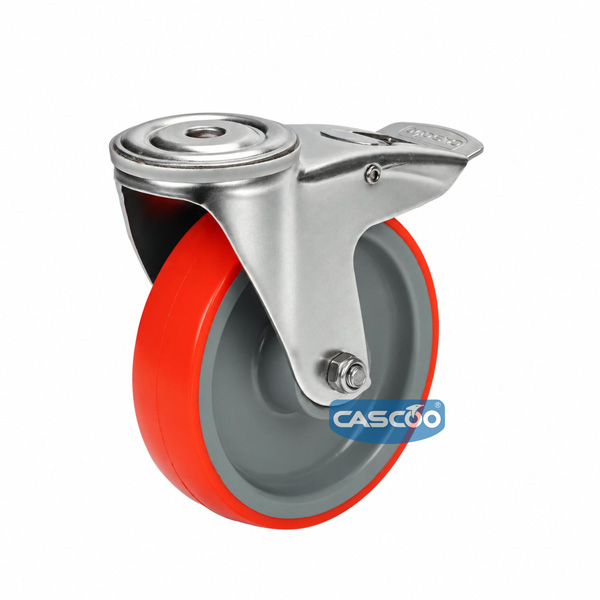 Колесо CASCOO поворотное с тормозом из нержавейки под болт М12 (d=125мм, г/п=200кг), полиуретан / полиамид, Германия