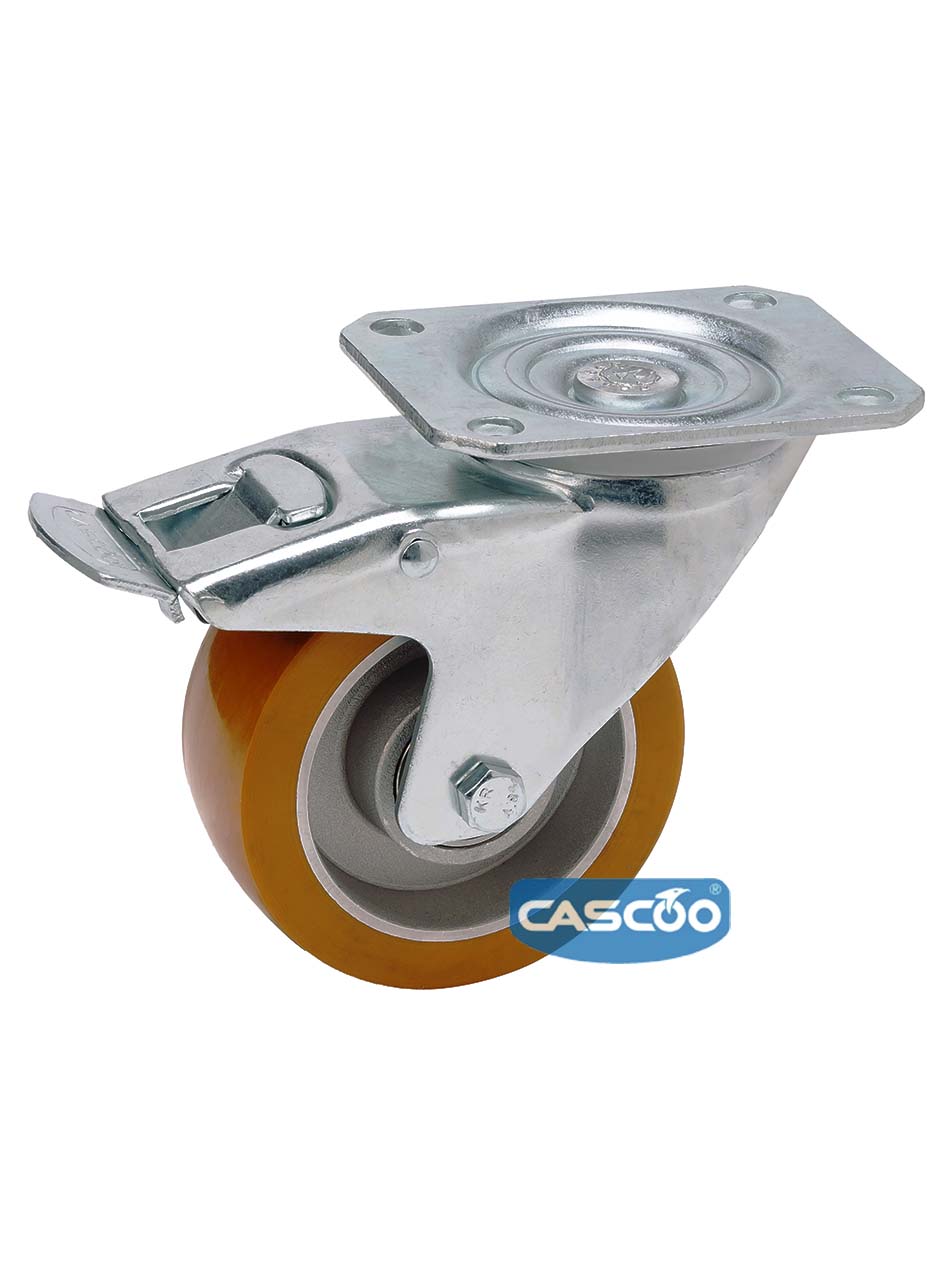 Колесо CASCOO поворотное с тормозом, (d=125мм, г/п=300кг) полиуретан/алюминий, Германия