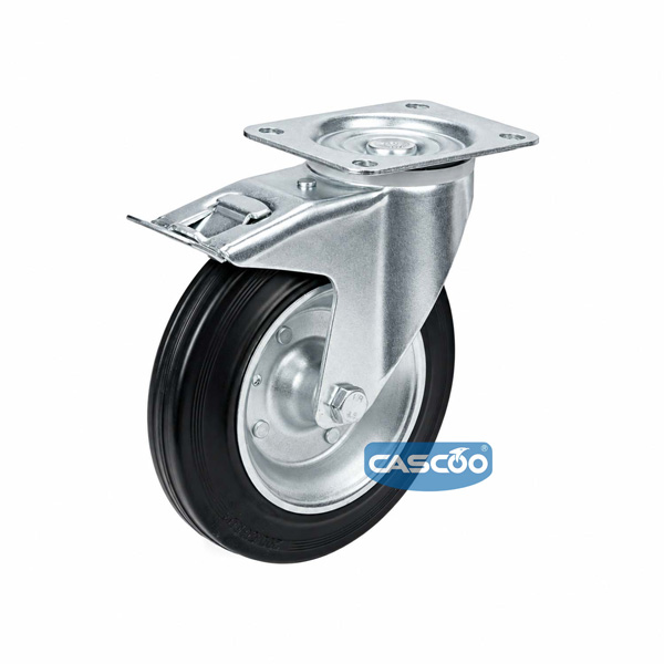 Колесо CASCOO поворотное с тормозом, (d=200мм, г/п=205кг) резина/сталь, Германия: TPP58WC200SBS4R0N