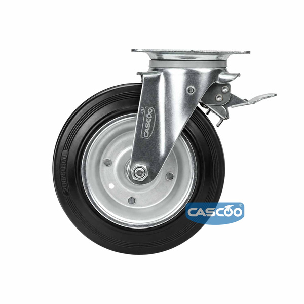 Колесо CASCOO поворотное с тормозом, (d=200мм, г/п=205кг) резина/сталь, Германия: CWP58WC200SBS4R0N