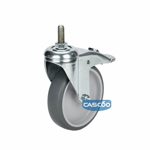 Колесо CASCOO поворотное с тормозом, (d=125мм, г/п=100кг), крепление штырь М12, термопластичная резина / полипропилен, Германия
