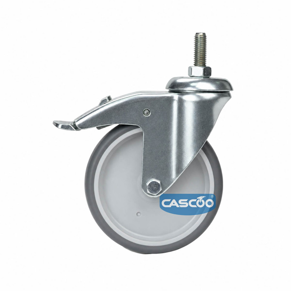 Колесо CASCOO поворотное с тормозом, (d=125мм, г/п=100кг), крепление штырь М12, термопластичная резина / полипропилен, Германия
