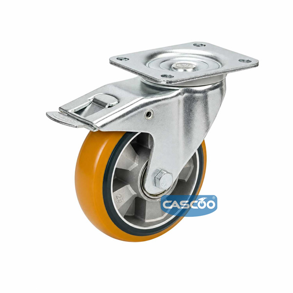Колесо CASCOO поворотное с тормозом, (d=160мм, г/п=600кг) СЭНДВИЧ полиуретан/алюминий, Германия