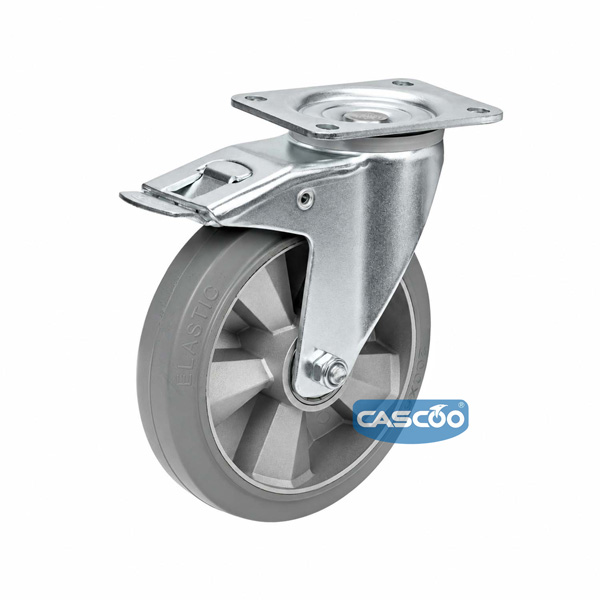Колесо CASCOO поворотное с тормозом, (d=200мм, г/п=500кг) серая резина/алюминий, Германия