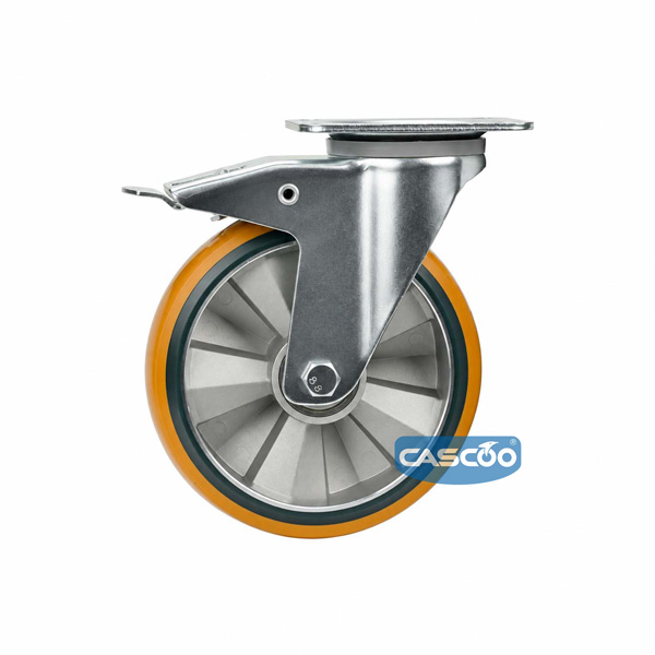 Колесо CASCOO поворотное с тормозом, (d=200мм, г/п=700кг) СЭНДВИЧ полиуретан/алюминий, Германия
