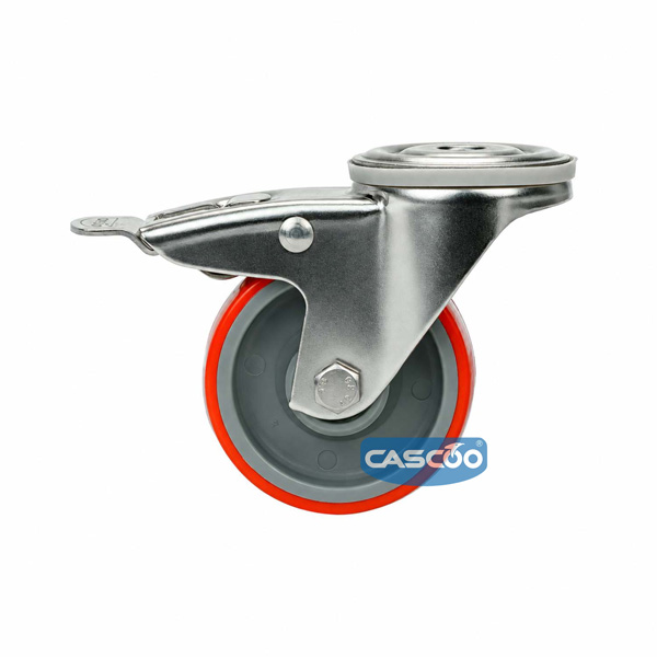 Колесо CASCOO поворотное с тормозом из нержавейки под болт М12 (d=80мм, г/п=130кг), полиуретан / полиамид, Германия