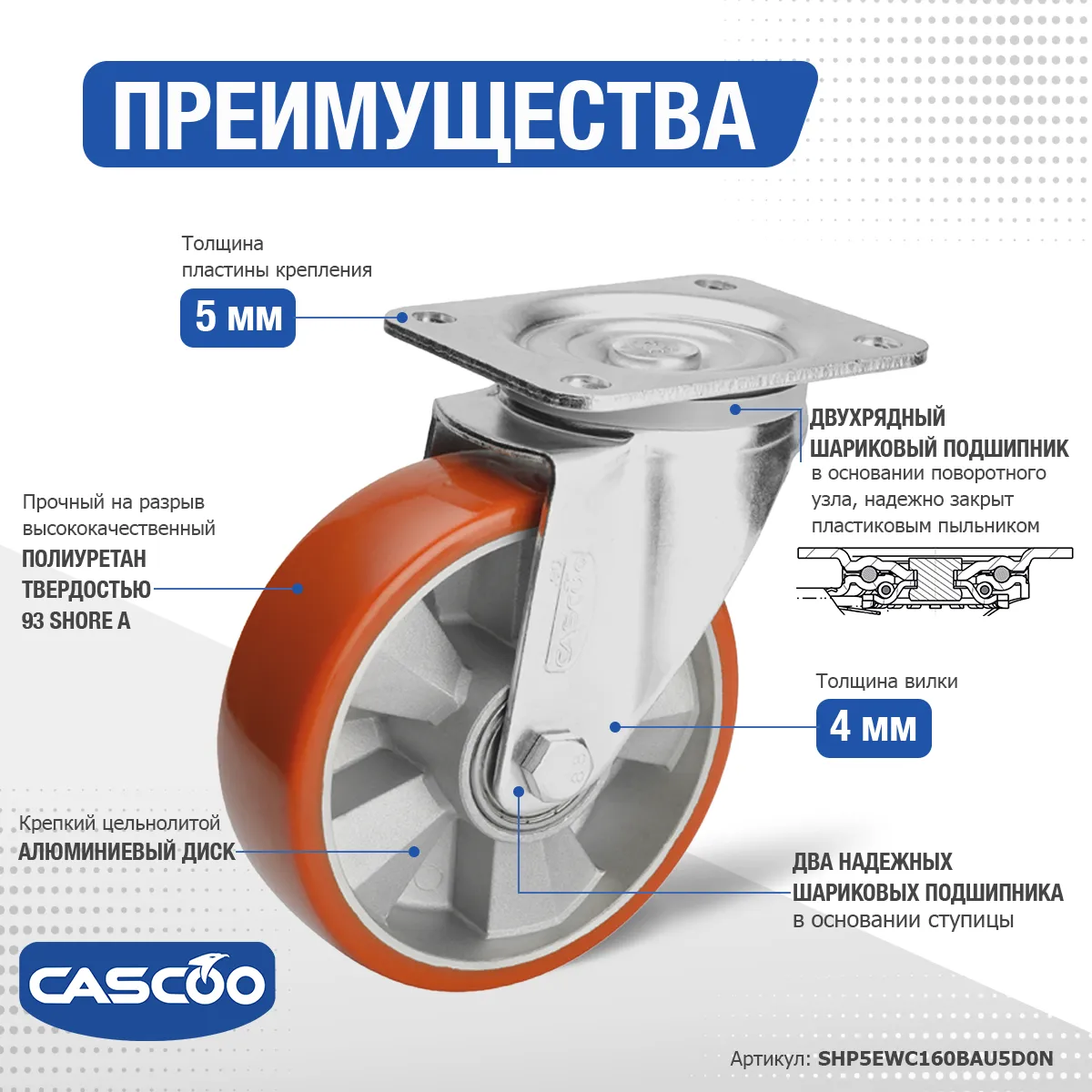 Колесо CASCOO поворотное, (d=160мм, г/п=600кг) полиуретан/алюминий, Германия