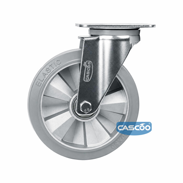 Колесо CASCOO поворотное, (d=200мм, г/п=500кг) серая резина/алюминий, Германия