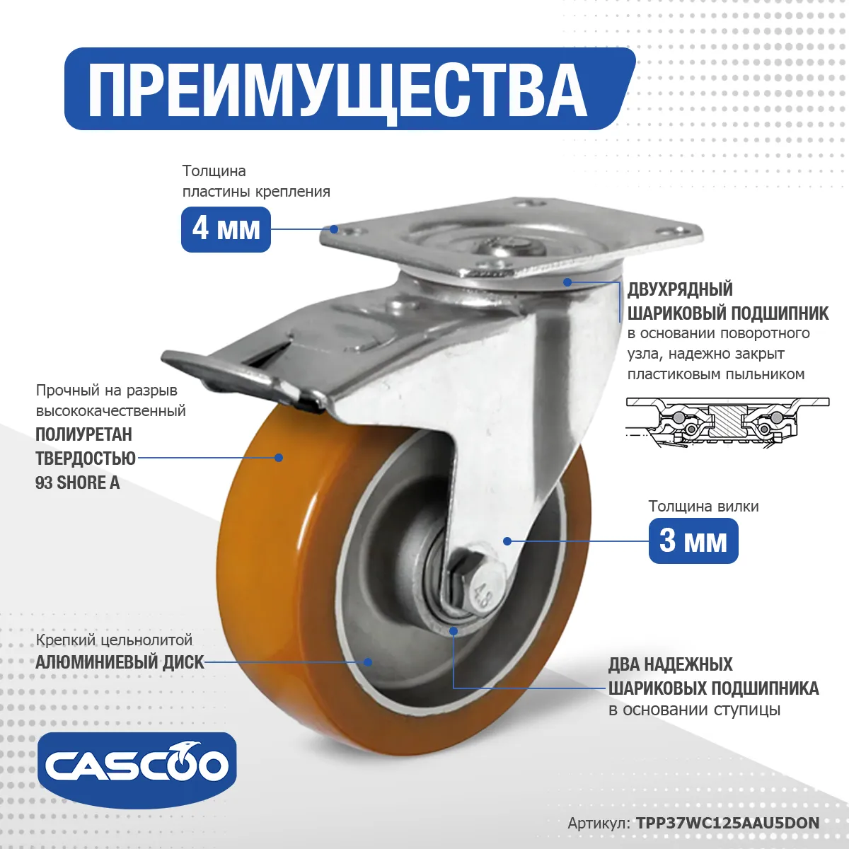 Колесо CASCOO поворотное с тормозом, (d=125мм, г/п=300кг) полиуретан/алюминий, Германия