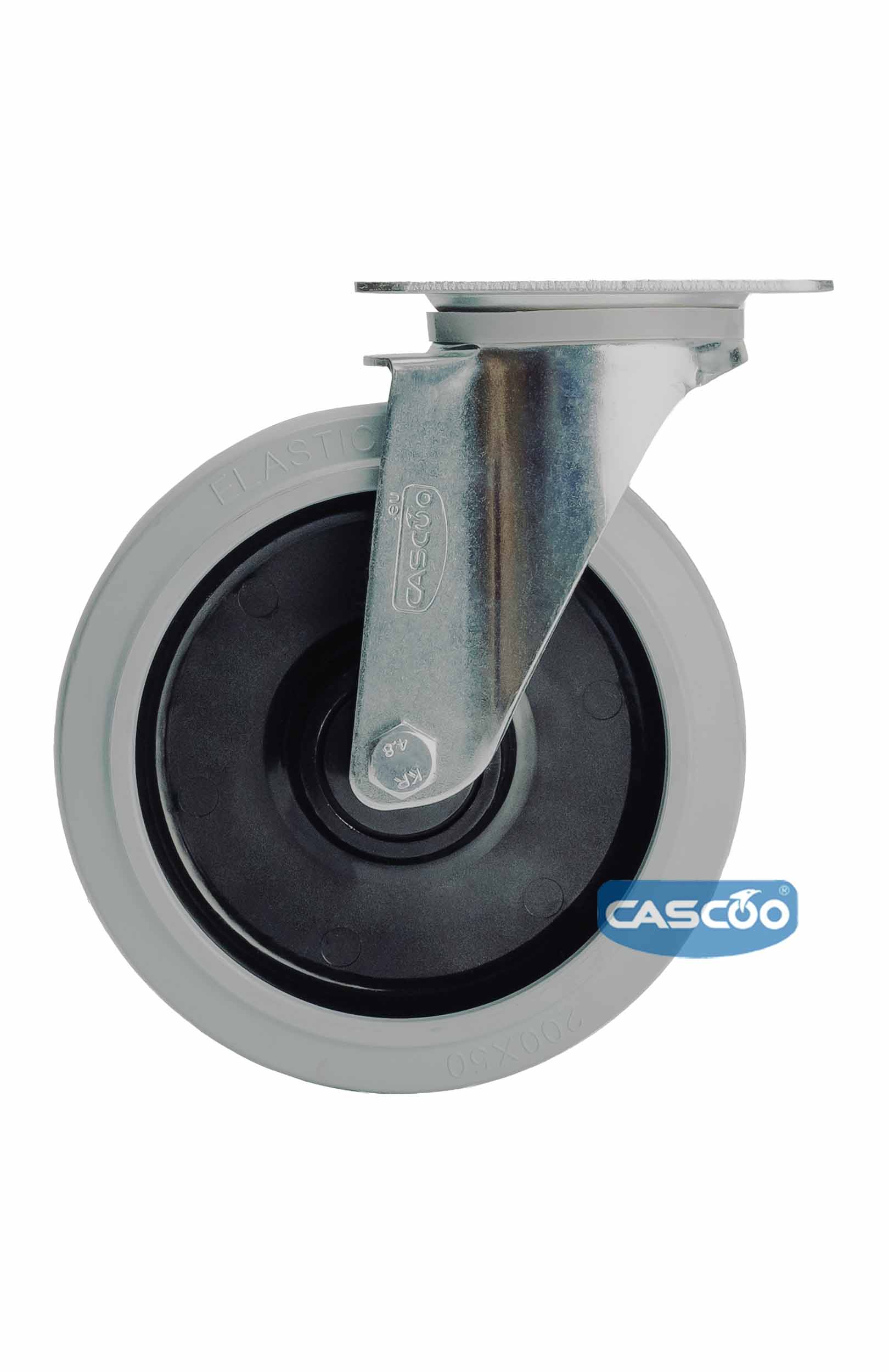 Колесо CASCOO поворотное (d=200мм, г/п=350кг), серая резина / полиамид, Германия