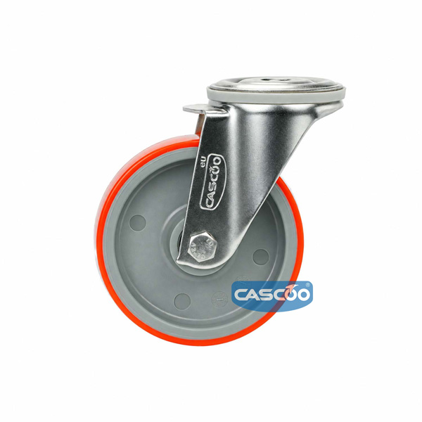 Колесо CASCOO поворотное из нержавейки под болт М12 (d=100мм, г/п=150кг), полиуретан / полиамид, Германия