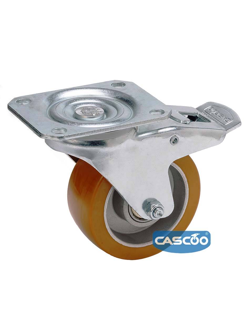 Колесо CASCOO поворотное с тормозом, (d=125мм, г/п=300кг) полиуретан/алюминий, Германия