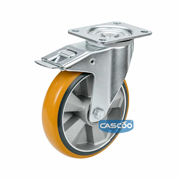 Колесо CASCOO поворотное с тормозом, (d=200мм, г/п=700кг) СЭНДВИЧ полиуретан/алюминий, Германия