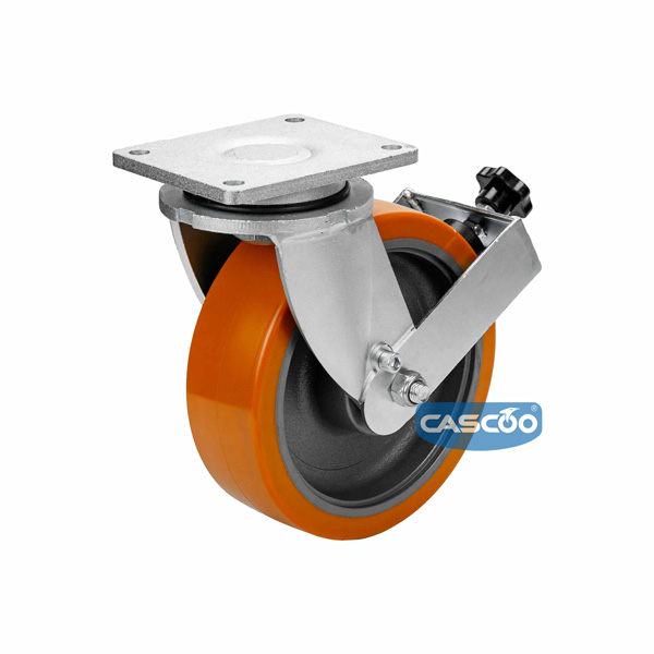 Колесо CASCOO поворотное c тормозом, (d=250мм, г/п=1500кг) полиуретан/чугун, Германия