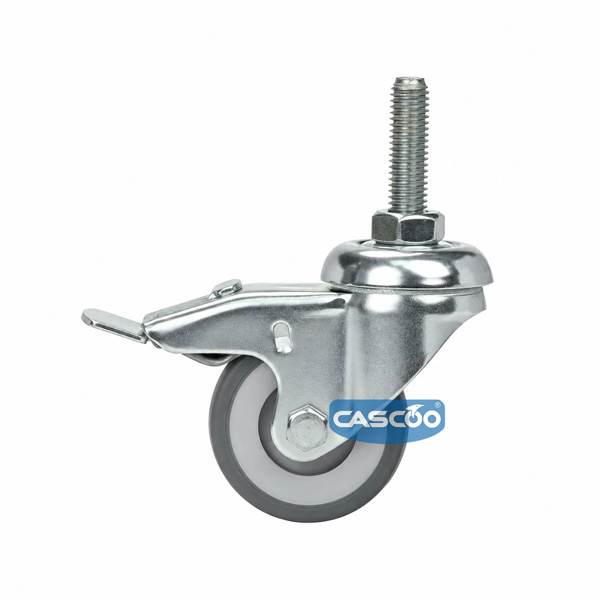 Колесо CASCOO поворотное с тормозом (d=50мм, г/п=50кг), крепление штырь М10, термопластичная резина / полипропилен, Германия