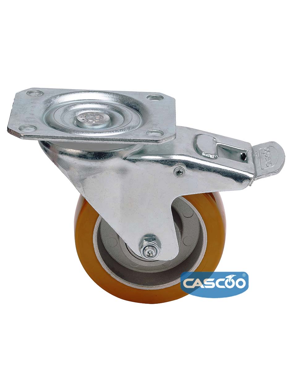 Колесо CASCOO поворотное с тормозом, (d=125мм, г/п=300кг) полиуретан/алюминий, Германия