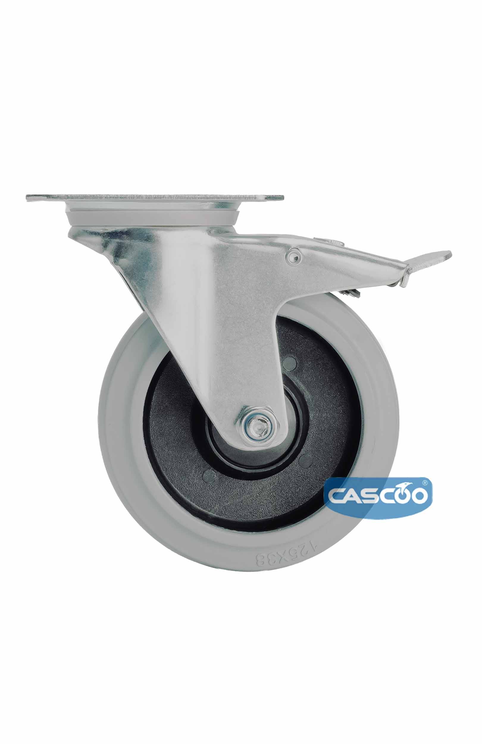 Колесо CASCOO поворотное с тормозом (d=125мм, г/п=250кг), серая резина / полиамид, Германия