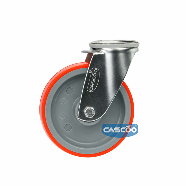 Колесо CASCOO поворотное из нержавейки под болт М12 (d=125мм, г/п=200кг), полиуретан / полиамид, Германия