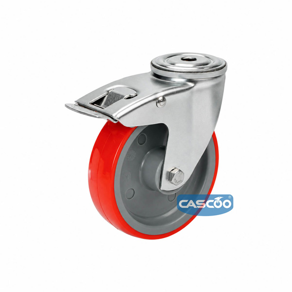 Колесо CASCOO поворотное с тормозом из нержавейки под болт М12 (d=100мм, г/п=150кг), полиуретан / полиамид, Германия