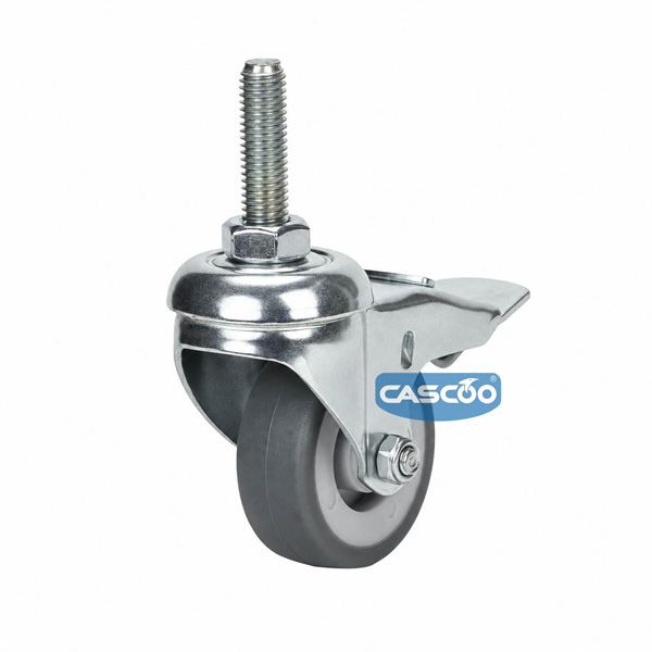 Колесо CASCOO поворотное с тормозом (d=50мм, г/п=50кг), крепление штырь М10, термопластичная резина / полипропилен, Германия