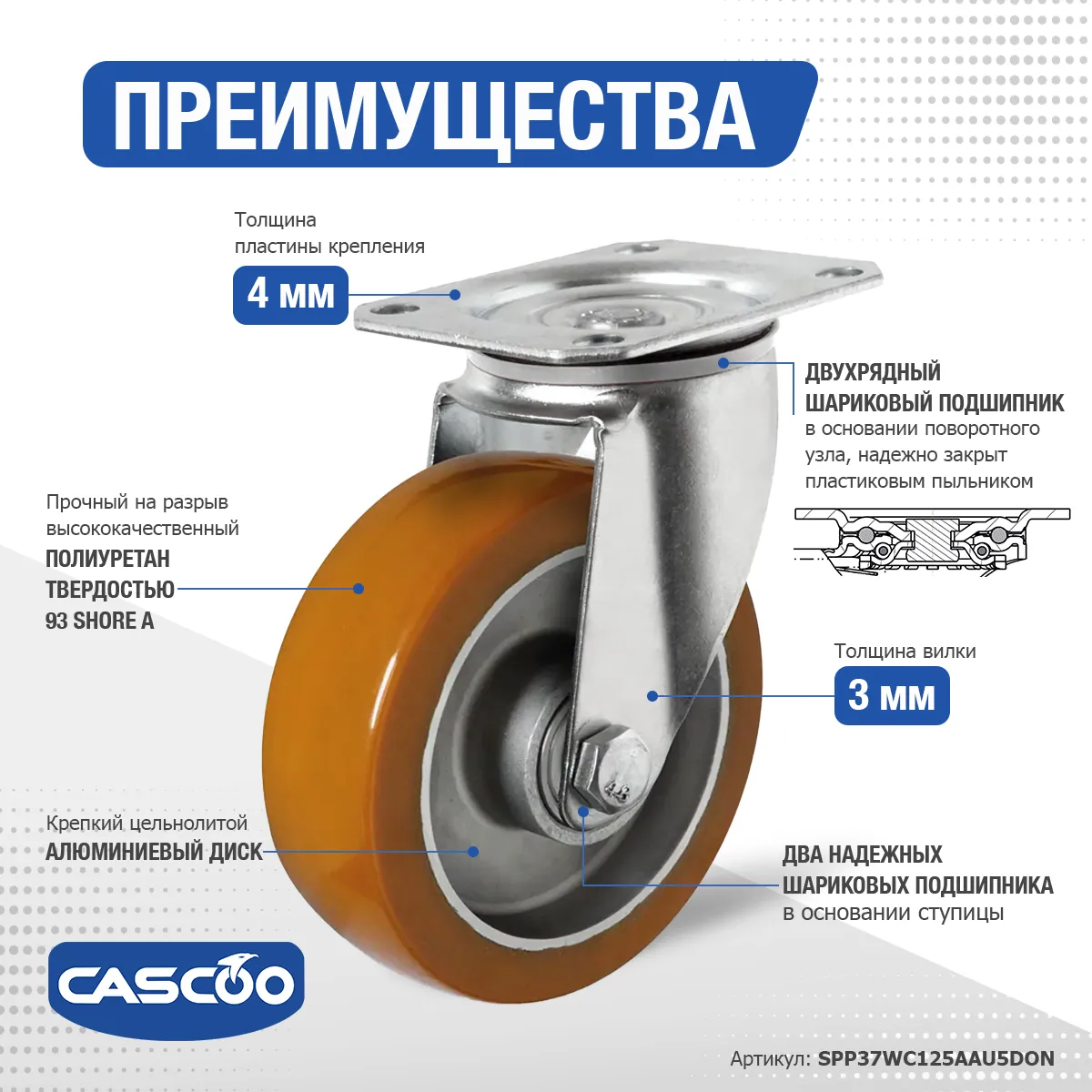 Колесо CASCOO поворотное, (d=125мм, г/п=300кг) полиуретан/алюминий, Германия