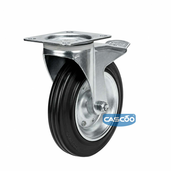 Колесо CASCOO поворотное с тормозом, (d=200мм, г/п=205кг) резина/сталь, Германия: TPP58WC200SBS4R0N