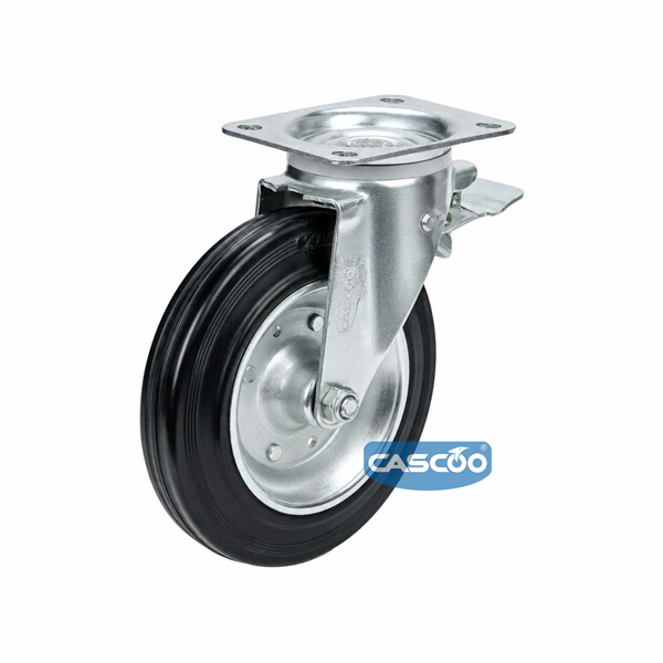 Колесо CASCOO поворотное с тормозом, (d=200мм, г/п=205кг) резина/сталь, Германия: CWP58WC200SBS4R0N