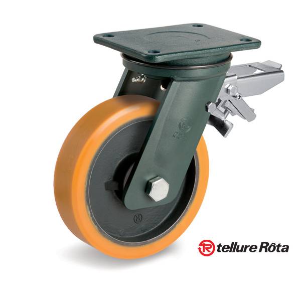 Колесо Tellure Rota 648527 поворотное с тормозом (d=250мм, г/п=1900кг), полиуретан/чугун, Италия