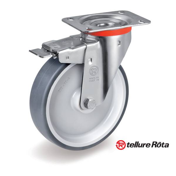 Колесо Tellure Rota 716601 поворотное с тормозом (d=80мм, г/п=70кг), серая резина / полипропилен, Италия