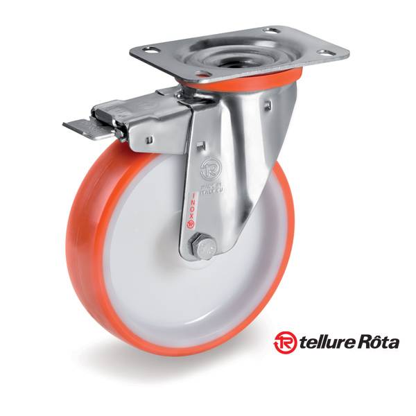 Колесо Tellure Rota 606702 поворотное с тормозом из нержавейки INOX (d=100мм, г/п=170кг), полиуретан / полиамид