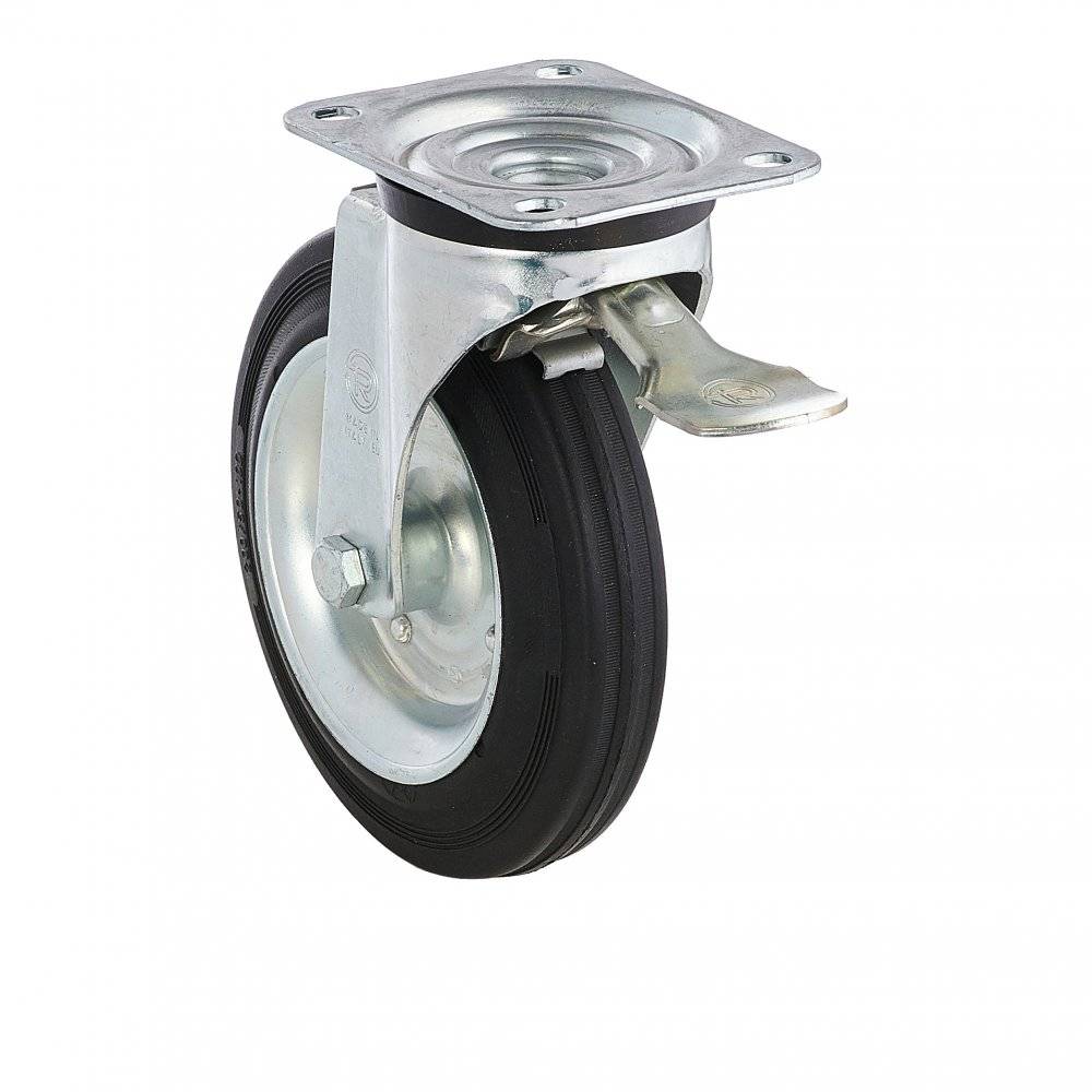 Колесо Tellure Rota 053345PVI поворотное с тормозом, (d=200мм, г/п=230кг) резина/сталь, для мусорных баков Италия